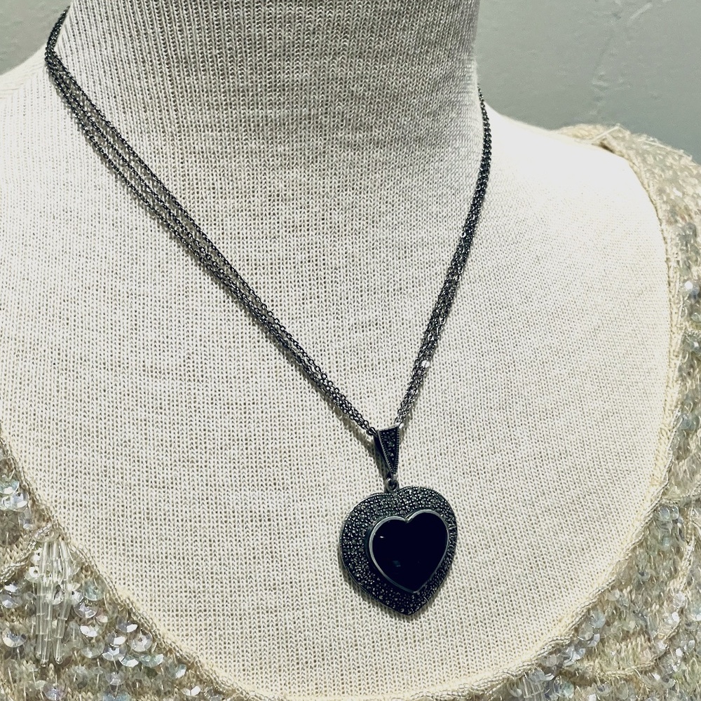 Sterling Silver and Sweet Marcasite Accent Heart Pendant Necklace